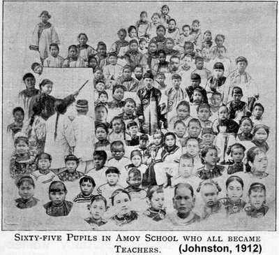 Photograph of 65 pupils in Amoy School who all became teachers.  From Johnsston, 1912--the story of a young American missionary who taught on Gulangyu