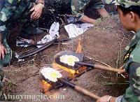 I've heard of shoveling down the chow--but cooking on shovels?!  At least they'll get some iron in their diets!