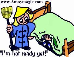Cartoon of Susan Marie with a broom and brave Dr. Bill hiding under the bed saying he'll come out when he's good and ready to come out.