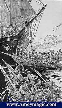 woodcut of opium ships unloading